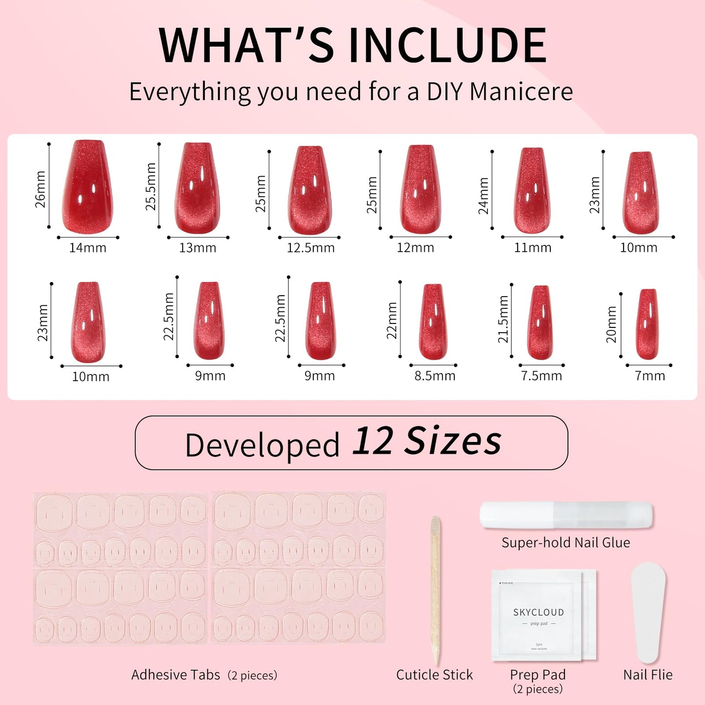 Dark Red Cat Eyes Press On Nails,12 Sizes-24 Pcs Soft Gel Red Medium Coffin Fake Nails Kit with Nail Glue, Natural Reusable Stick On False Nails for Women and Girls SK1000