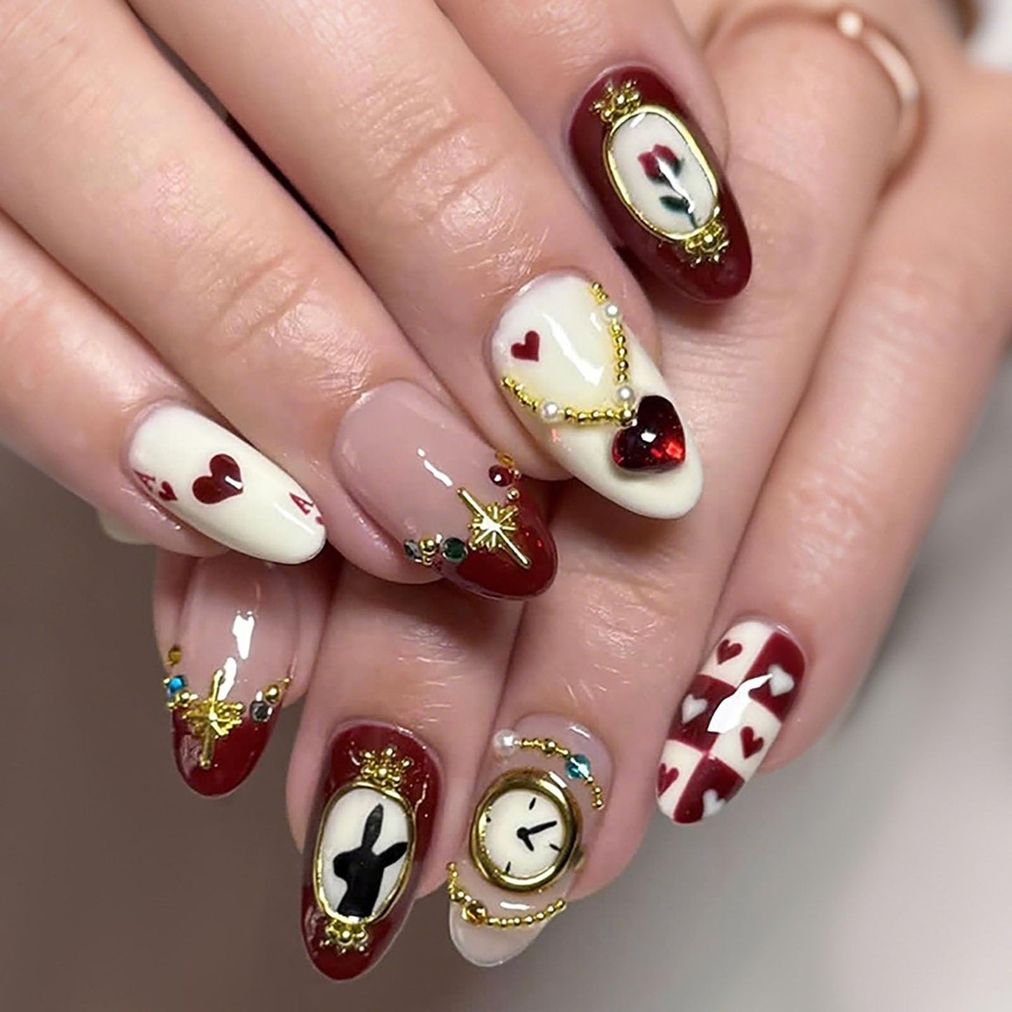 RUOKEXIN Almond Press on Nails Medium Fake Nails Heart False Nails with Rhinestones Designs Handmade Nail Press ons Sparkly Artificial Nails for Women 24Pcs