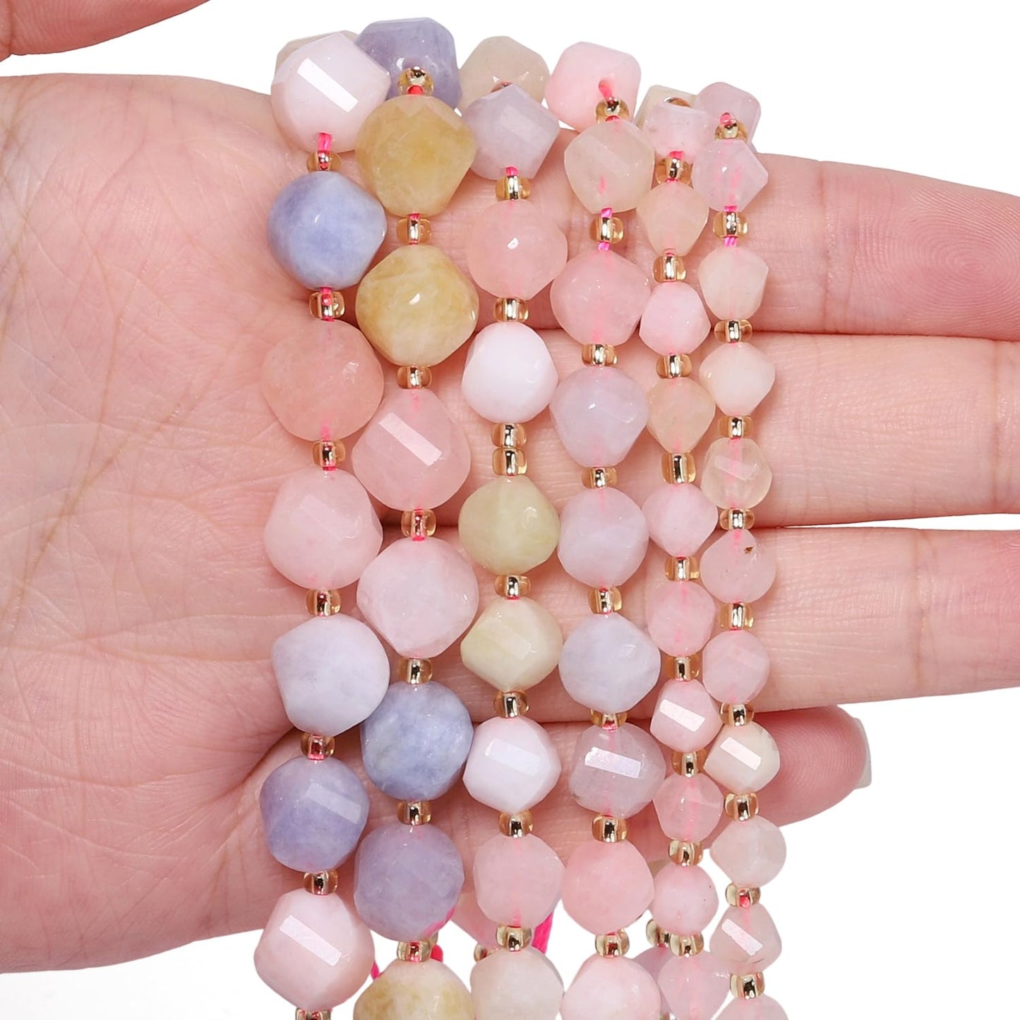 Yochus 42pcs Natural Morganite Stone Beads for Bracelet，2strands 6mm Facted Twist Loose Gemstone Beads for Jewelry Making DIY Craft Necklace Earring