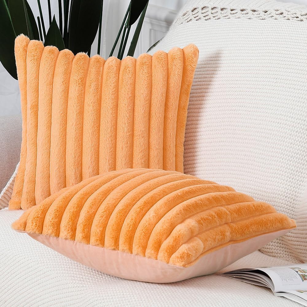 MADIZZ Set of 2 Faux Wool Plush Decorative Throw Pillow Covers 18x18 Inch Orange Fluffy Striped Soft Decorative Cushion Cover for Sofa Bedroom Pillow Shell