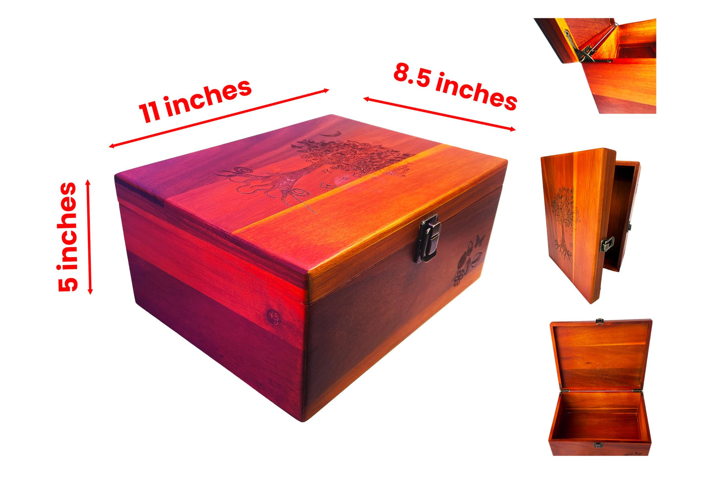 Active Lotus Tree of Life Large Premium Wood Keepsake Box with Hinged Lid and Metal Latch Storage Boxes with Lid Engraved Tree Design Gift Box Treasure StashBox