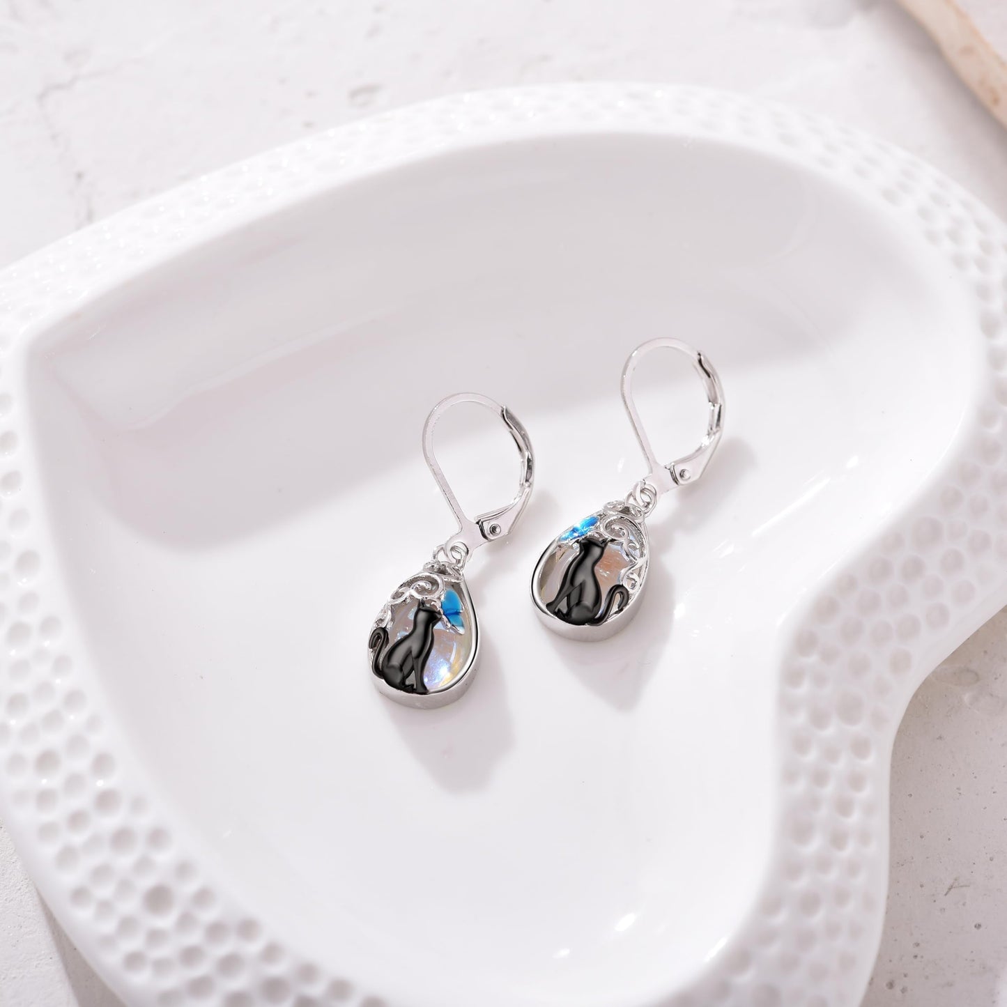 HELORET Black Cat Moonstone Dangle Earrings with Butterfly Leverback Design