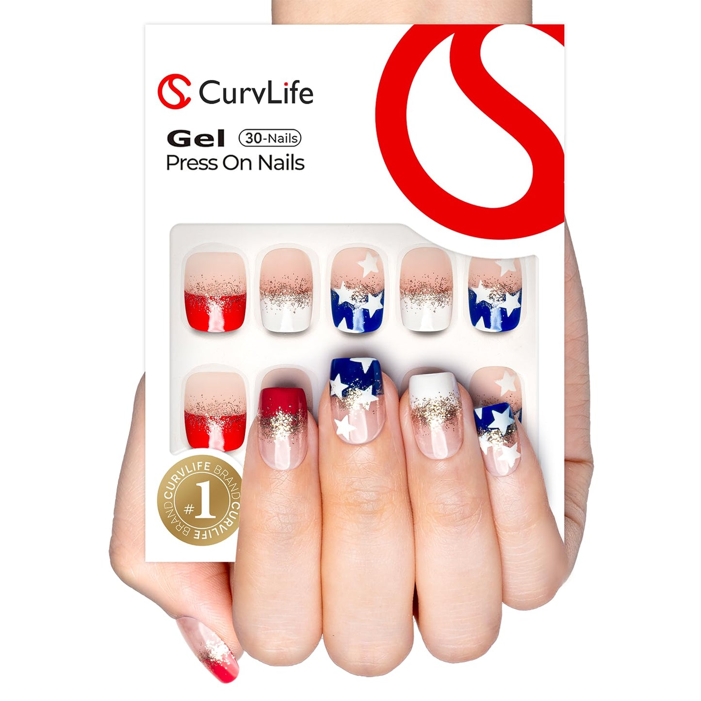 Curvlife Press on Nails Acrylic Fake Nails with Design Full Cover False Nails for Women Reusable Nail Kit with Nail Glue Adhesive
