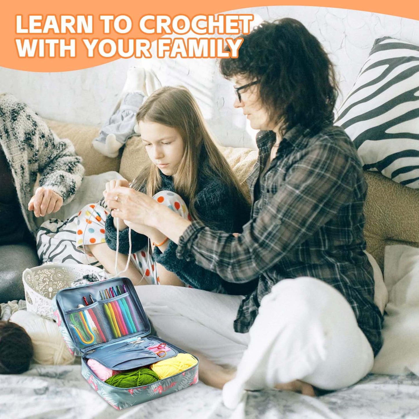58pcs Crochet Kit Beginners, Crochet Hook Set with Yarn, Portable Crocheting Kit for Starter, Ergonomic Crochet Needles Tools DIY Knitting Accessories for Experienced Crochet Lovers, Flamingo
