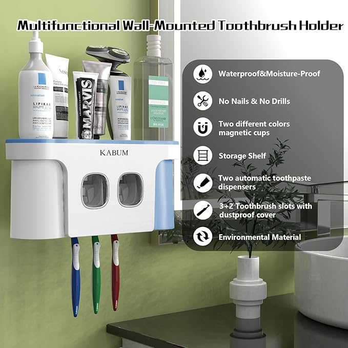 Toothbrush Holders for Bathroom Organizer, 2 Cups Automatic Toothpaste Dispenser Squeezer Kit Wall Mounted for Bathroom Set, Ideal Bathroom Accessories.Blue