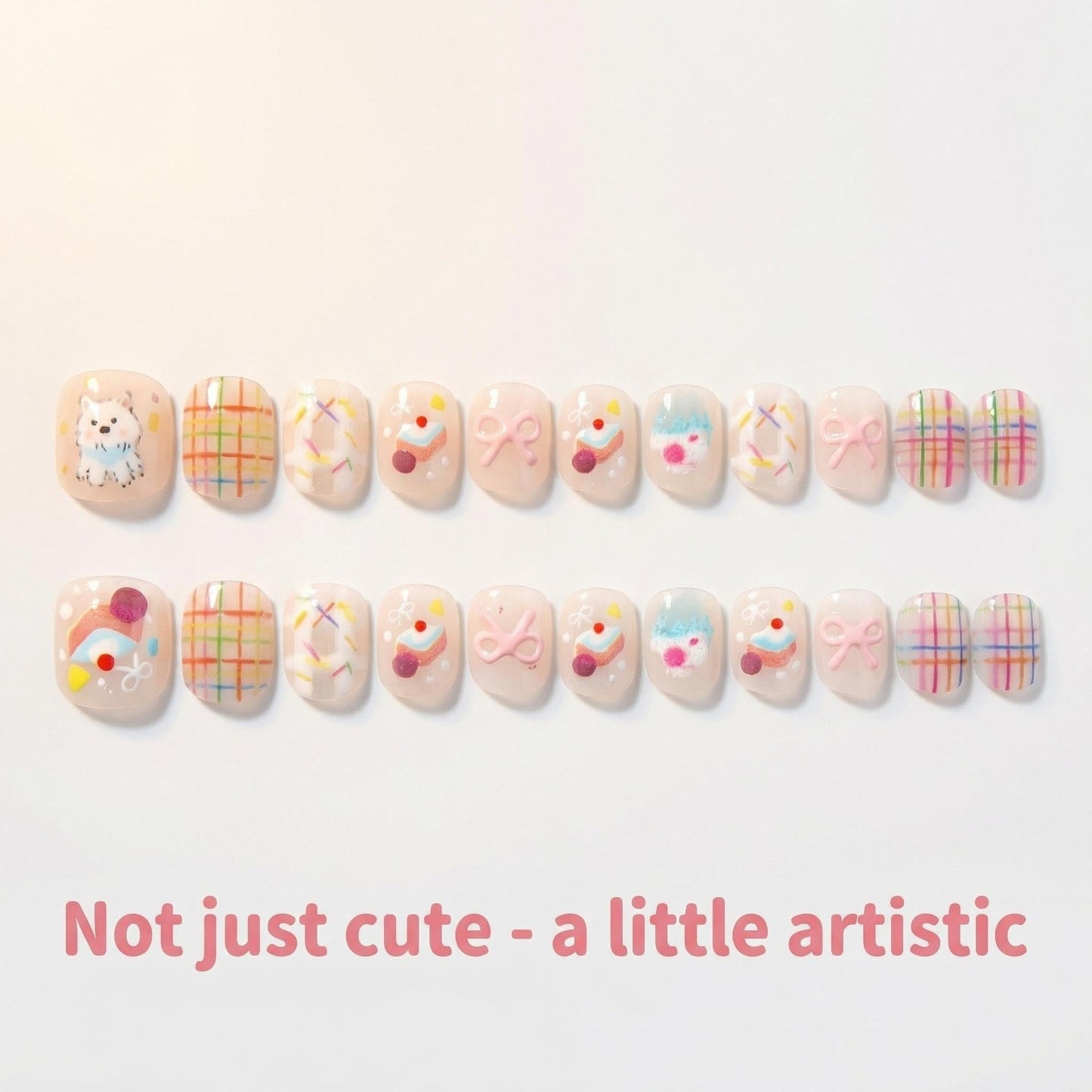 Kids Press On Nails, Happy Day Party Design, Cute Birthday Glittered Nails for Girls, Strawberry & Cake Style, Easy Apply, 24pcs