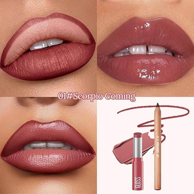 Erinde 2pcs Lip Liner and Lipstick Combo Set, Matte Lipliner Pencil & Hydrating Lip Gloss Makeup Kits for Women, Waterproof, Long Lasting, Highly Pigmented, Nude Brown Natural Lipstick, 01