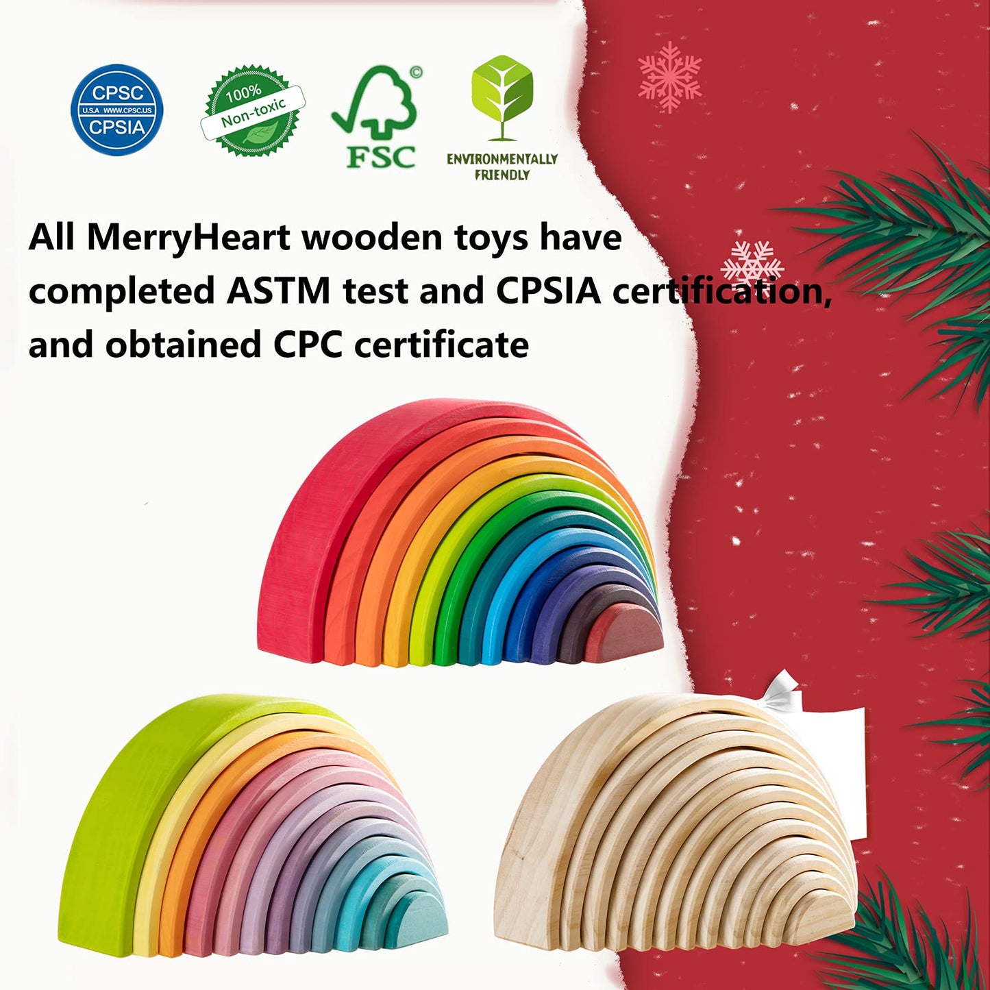 MERRYHEART Wooden Rainbow Stacking Toy - 12 Pieces Extra Large Montessori Wooden Stacking Arch Educational Toys, Nesting Puzzle Building Blocks for Kids Toddlers (Rainbow Stackers)