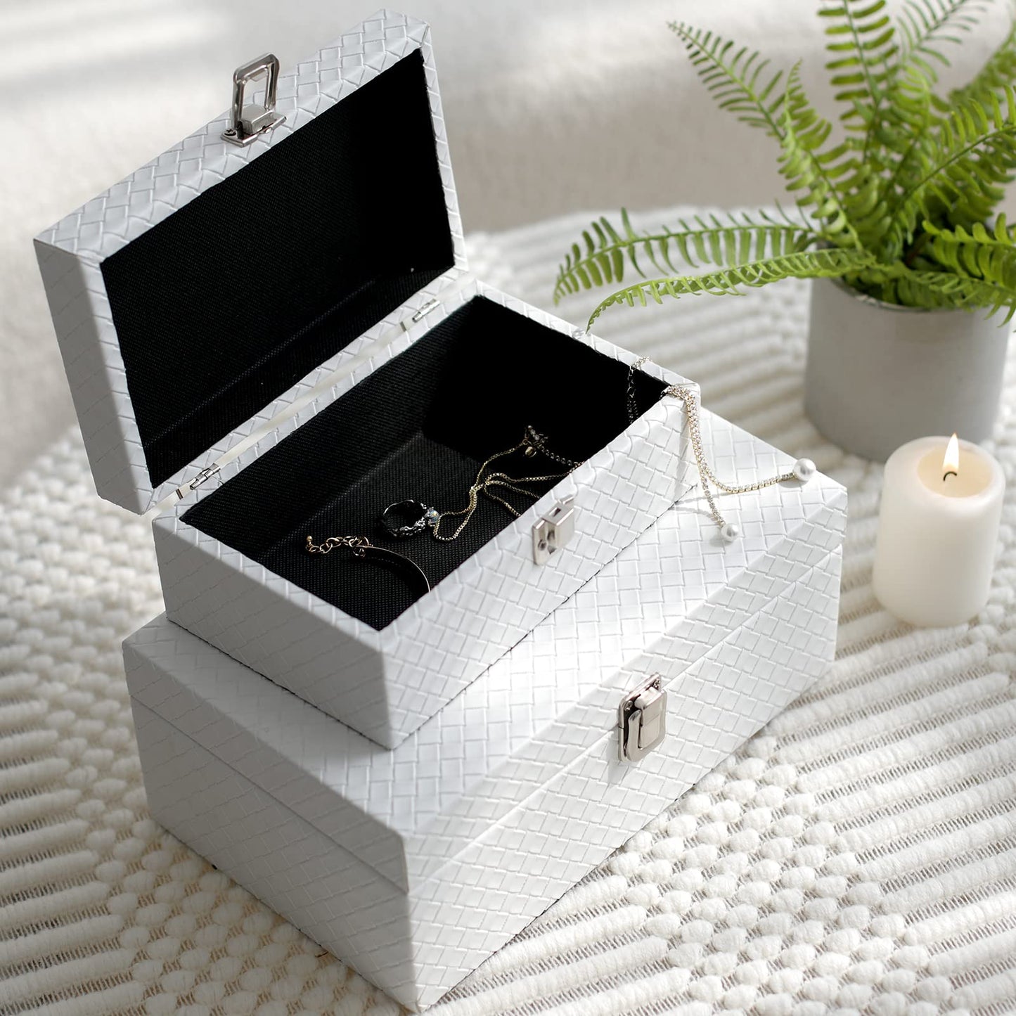 DECOR4SEASON Faux Leather Decorative Jewelry Storage Organizer Boxes Set of 2, White