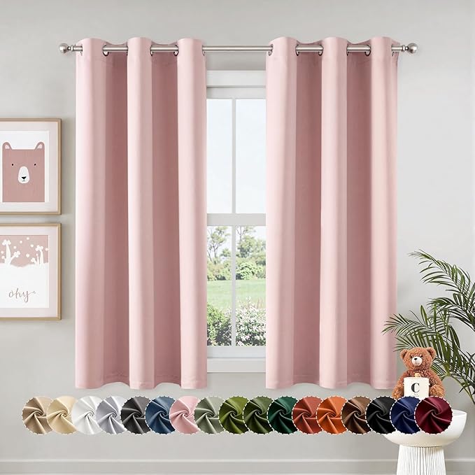 MIULEE Baby Pink Blackout Curtains for Girls Bedroom Living Room 63 Inches Long 2 Panels, Nursery Thermal Insulated Room Darkening Drapes Solid Grommet Top Noise Reducing Window Curtains 40x63 Inch