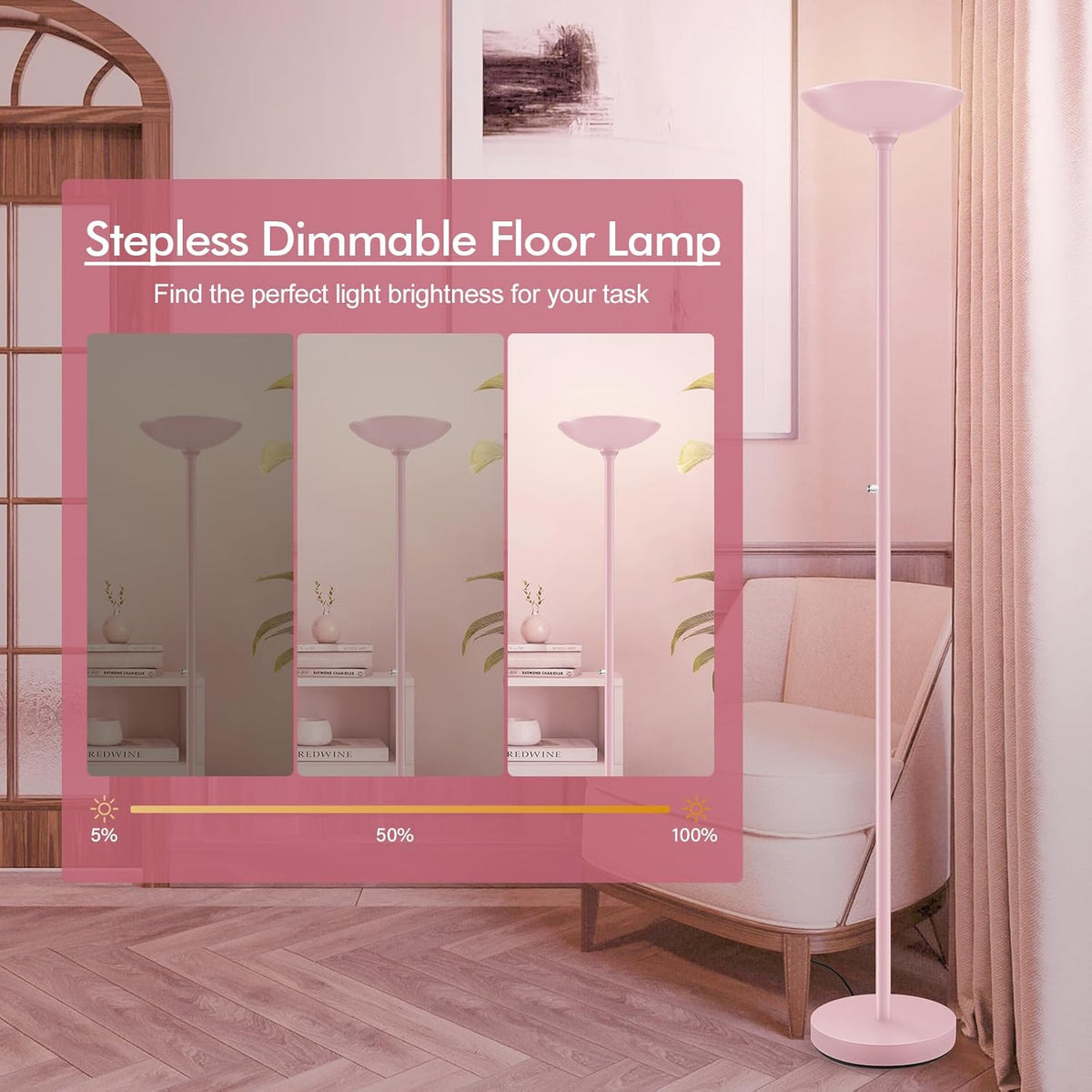 BoostArea Torchiere Floor Lamp Pink, 30W Super Bright LED Standing Lamp, 3000K Stepless Dimmable Pole Lamp with Rotary Switch, 71inch Tall Metal Modern Floor Lamps for Living Room,Bedroom,Home Decor