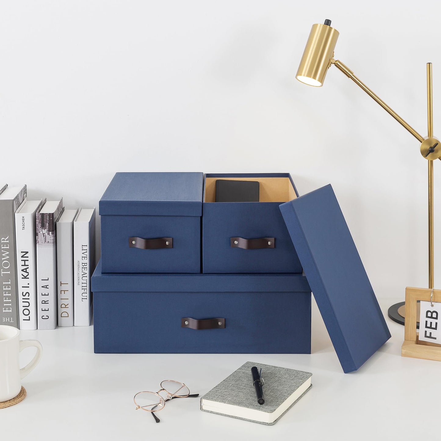 Soul & Lane Decorative Storage Boxes with Lids - Set of 3 (One Large and Two Medium), Sturdy Cardboard Organizers for Photos, Versatile Boxes with Handles for Office & Home, Navy