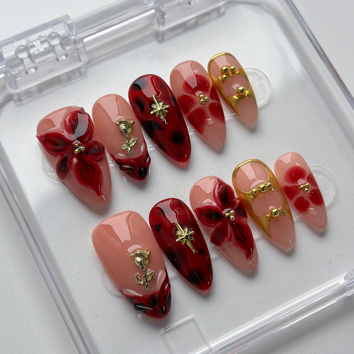 Luxury Press on Nails Medium Almond Handmade 3D Unique Reusable ABS Material Fake Nails French Tip False Nails with Designs Red Floral Glossy Glue on Nail Thick Acrylic Nail(M)