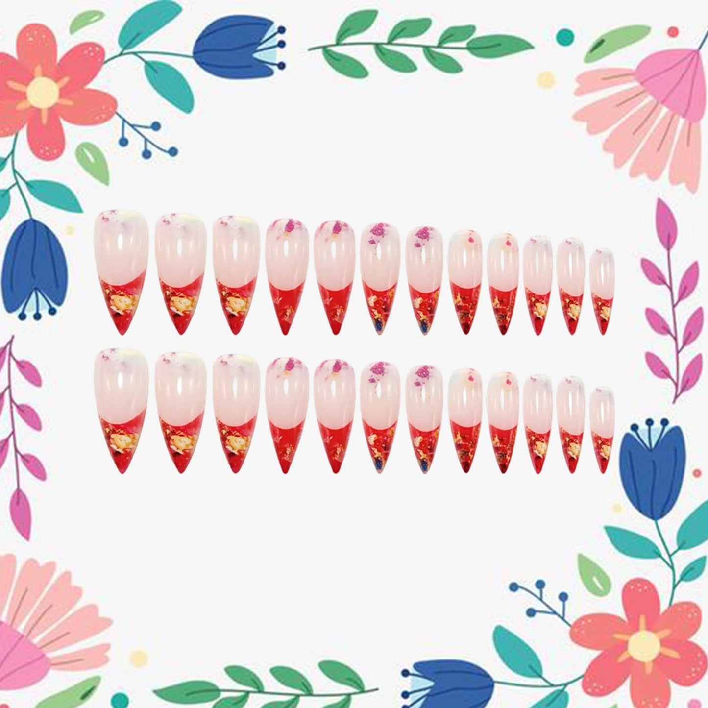 24Pcs Press on Nails Almond Shaped Artificial Acrylic French Orange Tips Rhombic False Nails with Design Medium Stick on Nail Full Cover Glossy Press Ons Artificial Fingernails for Women Manicure