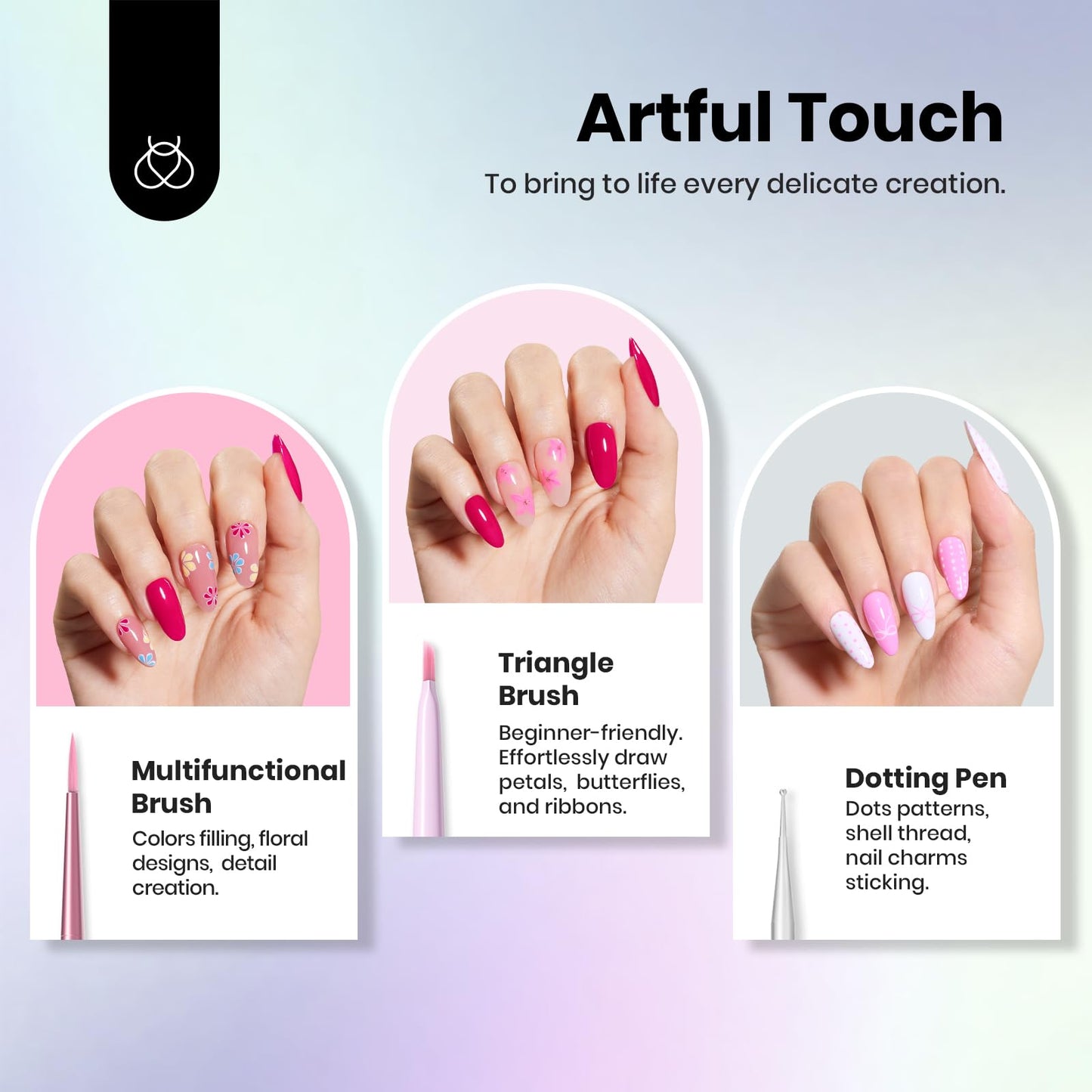 Beetles Nail Art Brushes Set for Gel Polish 8 Pcs - Nail Art Design Pen Fingernail Painting Dotting Tool, Liner Gradient Clean Up Brush DIY with Palette Rainbow Pastel Pen Set Manicure Kit