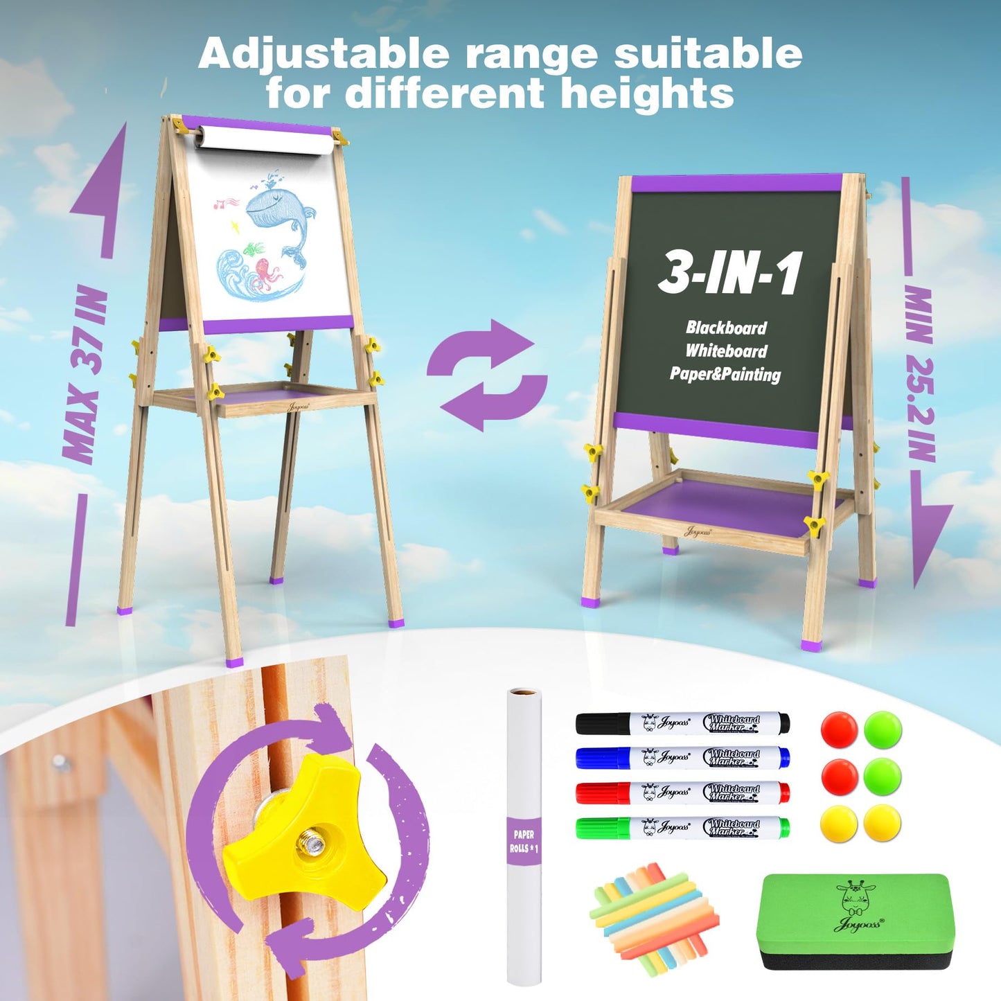 JOYOOSS Easel for Kids Art Easels for Toddlers,Adjustable Magnetic Whiteboard Chalkboard for Kid Dry Erase Board Easel for 2 Year Old and Toddler Art Easel for Kids Ages 4-8 8-12
