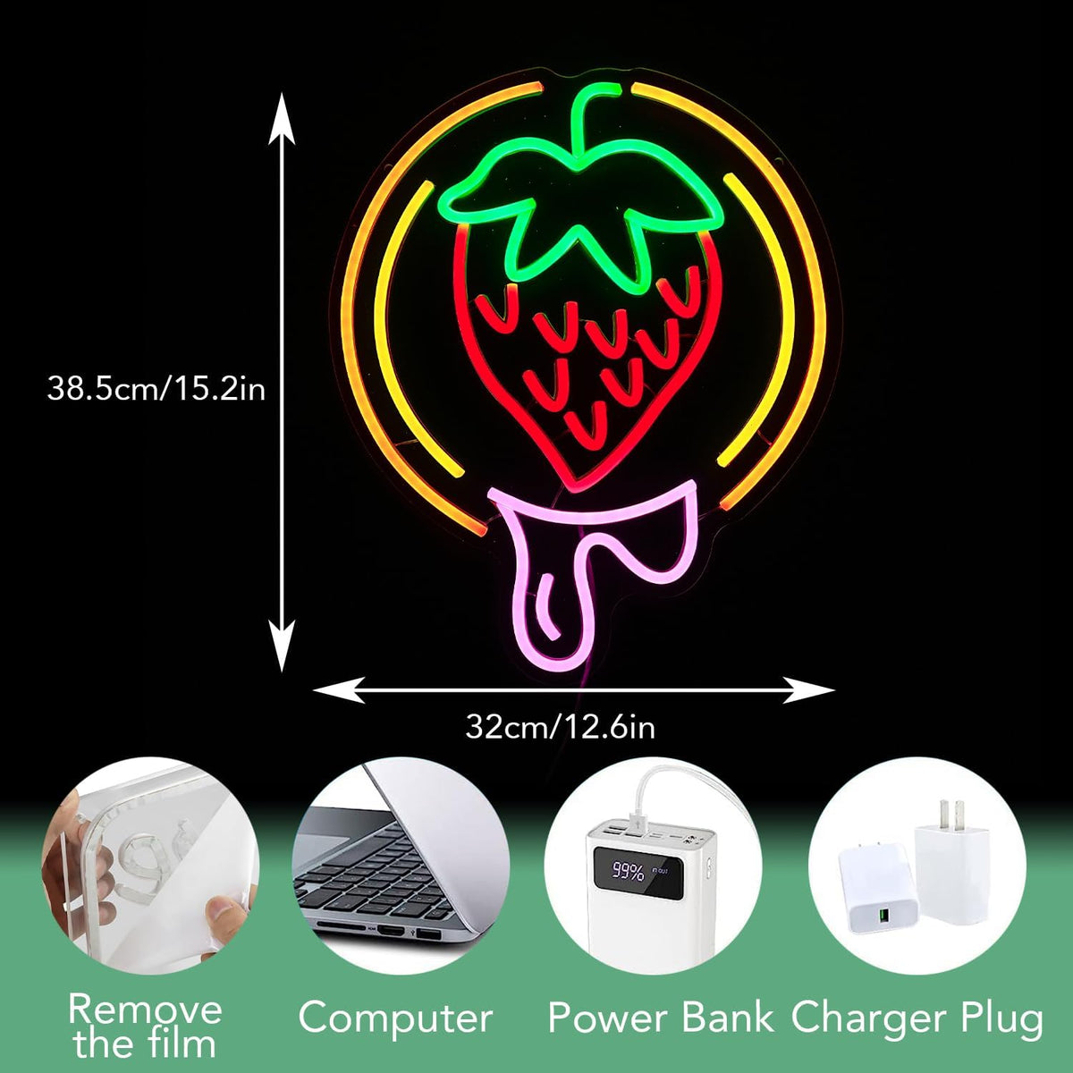 Strawberry Neon Sign USB Powered Sweet Fruit Led Light Up Sign Dimmable Funny Neon Light Wall Decoration for Home Kitchen Fruit Market Dessert Shop Farmhouse Restaurants