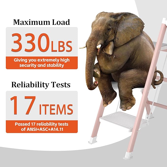 3 Step Ladder, Folding Step Stool with Anti-Slip Wide Pedal, Anti-Slip Feet, Sturdiest Steel Construction, Steel Ladder for Home and Office, Pink White