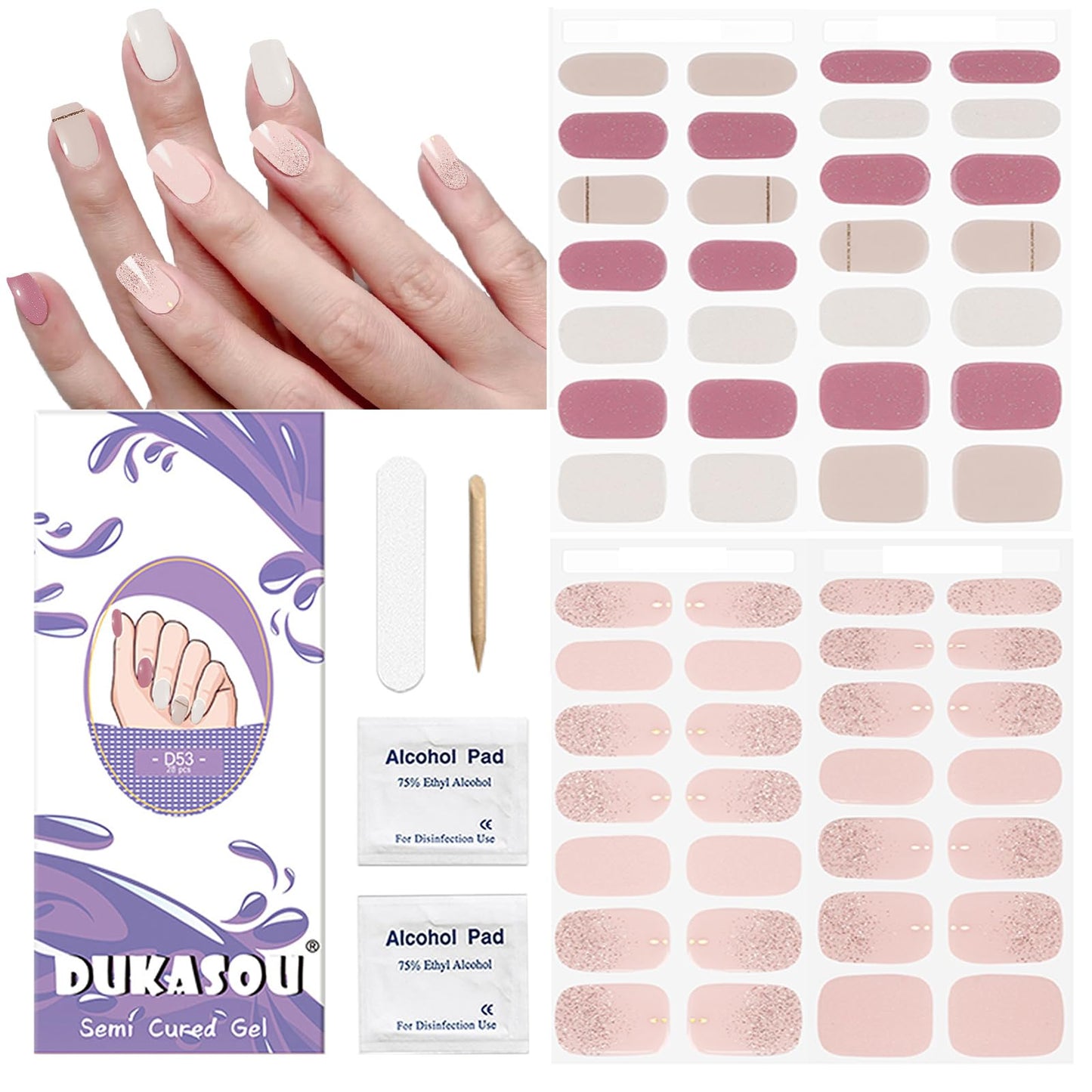 DUKASOU Semi Cured Gel Nail Strips, 56Pcs Nail Art Stickers/Wraps, Long Lasting UV Nail Polish Strips for Adults(Light Pink Glitter)