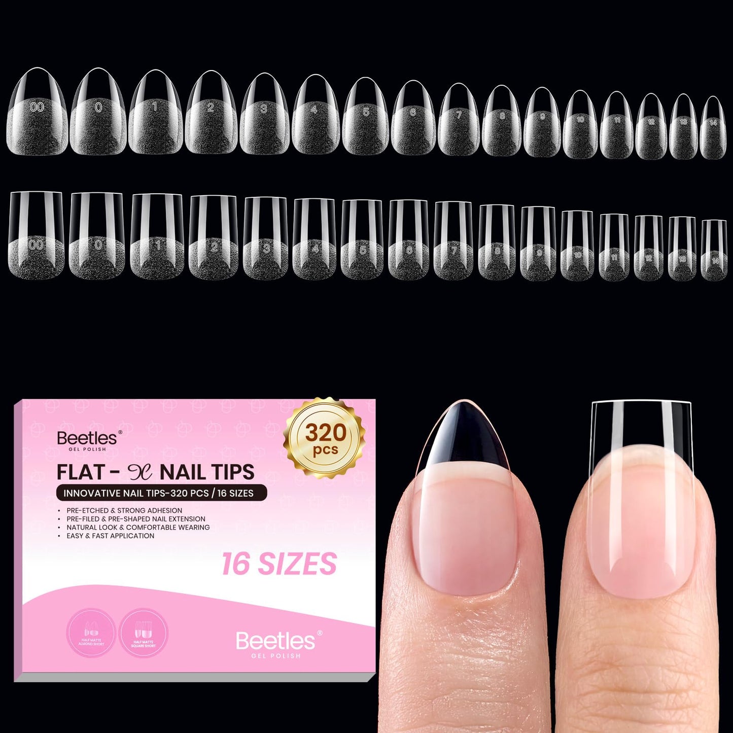 Beetles Gel Nail Tips Flat-X - Almond Square Short, 320pcs 16 Sizes, Pre-Etched Half Matte Full Cover Soft Acrylic False Nail Tips Easy DIY Press on Nail Extension Salon for Flat & Natural Nail Beds