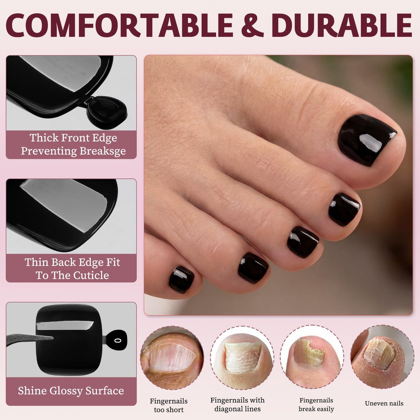 120pcs Black Press on Toenails for Women,Short Square Fake Toe Nails,12 Sizes False Toenails with Nail Glue and Adhesive Tabs