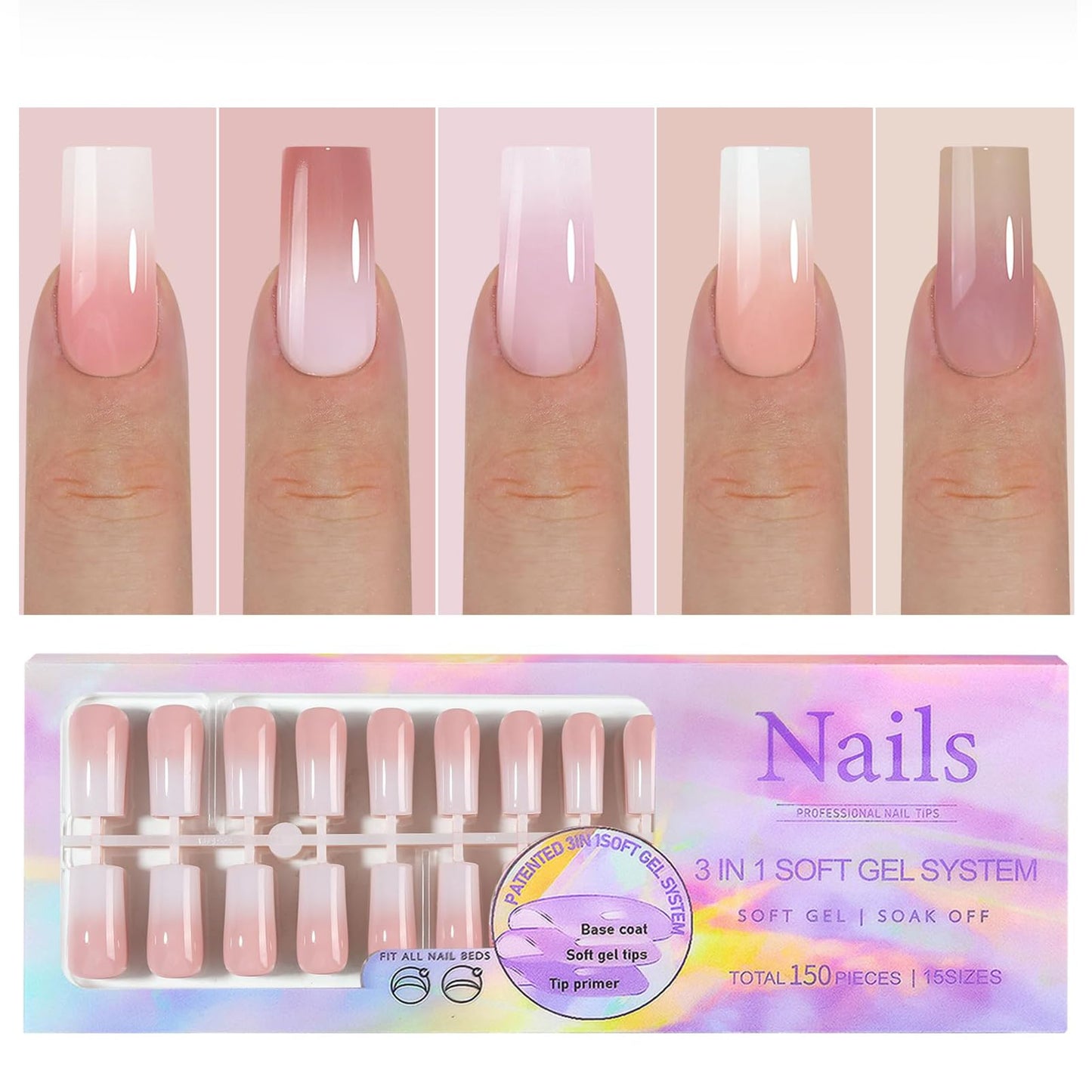 150 Pcs Press on Nails Long - White Gradient Glue on Nails Medium Acrylic Nails Nail Tips Square Stick on Nails Square Nail Tips Coffin Press on Nails for Gift