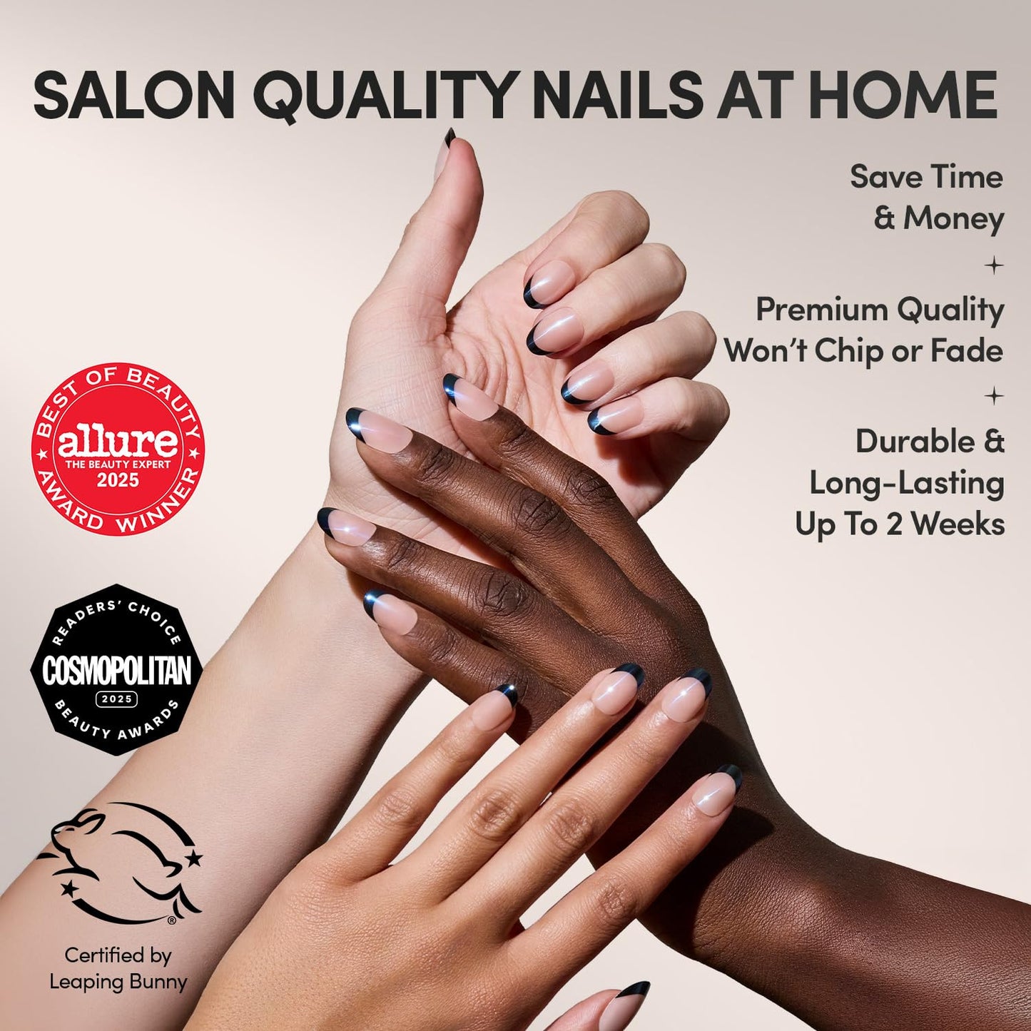 Glamnetic Press On Nails - Short Round Fake Nails, Black French Tip Nails, Onyx Glaze | 12 Sizes - 30 Nail Kit with Glue | Gift for Mom