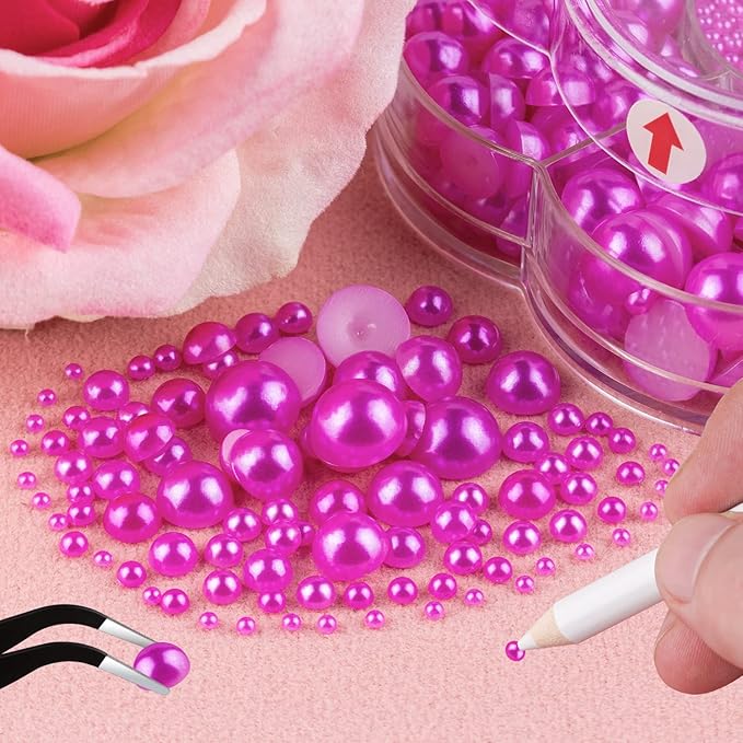 Nail Art Flat Back Half Round Pearl Kits 26, 1 Box of 6000 Pcs Flat-Back Rose Red with Tweezer and Picker Pencil for Home DIY Nails Body Face Craft and Salon Use