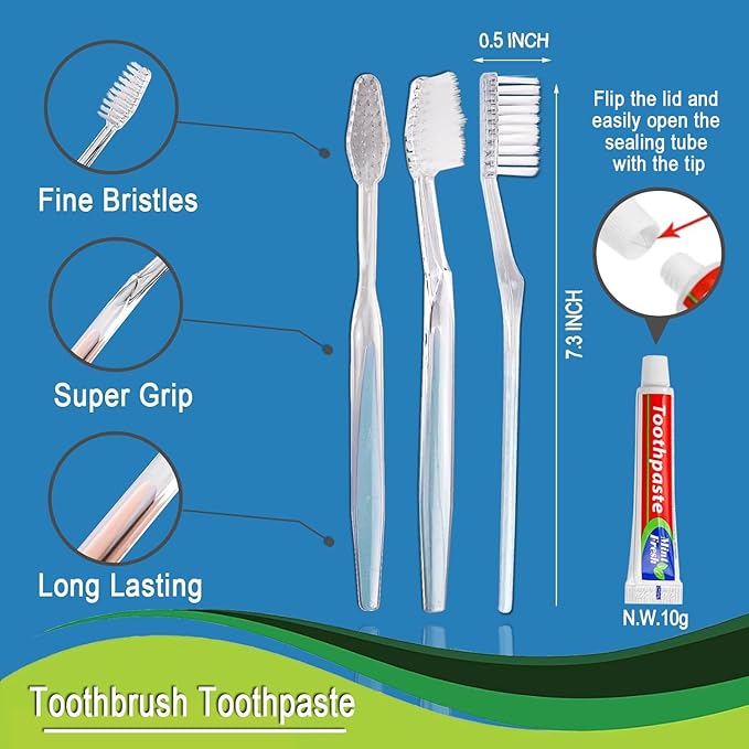 50 pcs Disposable Toothbrushes, 2 Color Toothbrushes and Toothpaste 10g, Bulk for Homeless, Airbnb, Hotel
