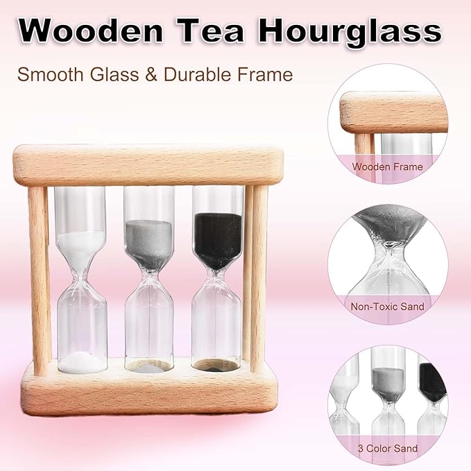 Tea 1-3-5 Minute Sand Timer Hourglass, Small Wooden Frame Blue Sand Clock, Colorful Sand Watch, Reloj De Arena, Unique Hour Glass Sandglass for Kids, Classroom, Home, Desk Decoration