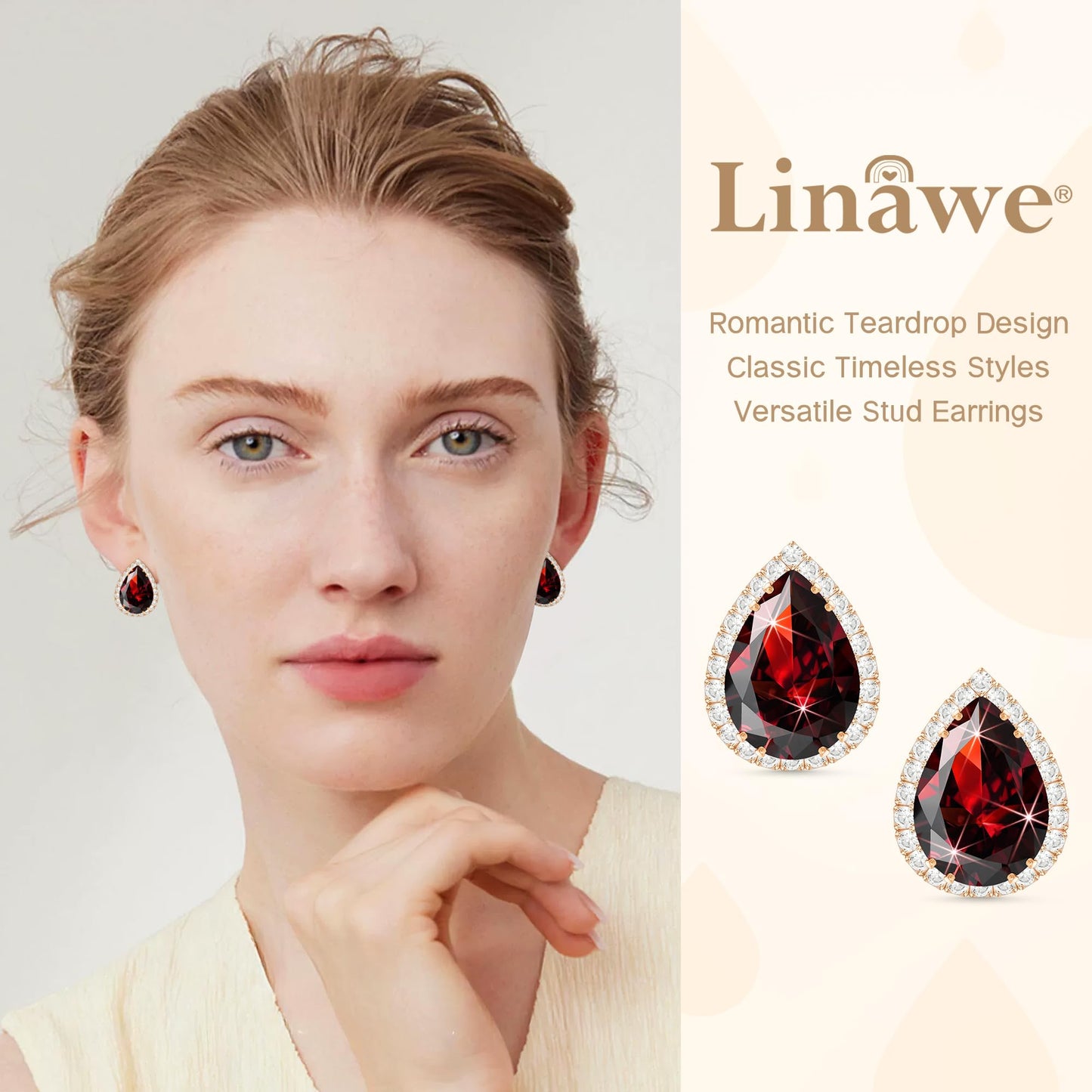 Linawe Burgundy Red Imitation Diamond Stud Earrings for Women, Cubic Zirconia Earrings Studs Rose Gold, Teardrop Statement Rhinestone Garnet Crystal Earrings Set, Costume Wedding Jewelry