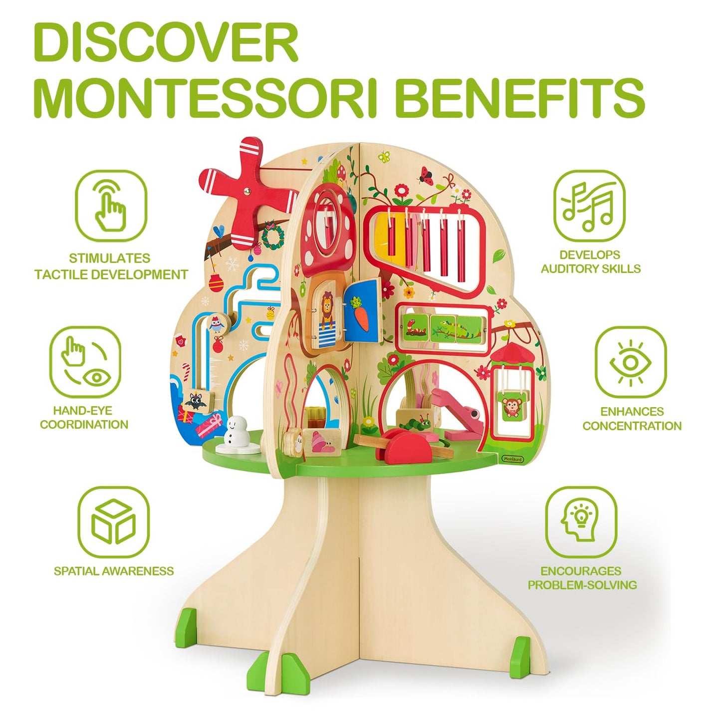 Monläurd® Montessori Wooden Tree Activity Center, Sensory Table & Busy Board for Toddlers 1-3, 4-Season Learning Activity Cube for Playroom & Daycare