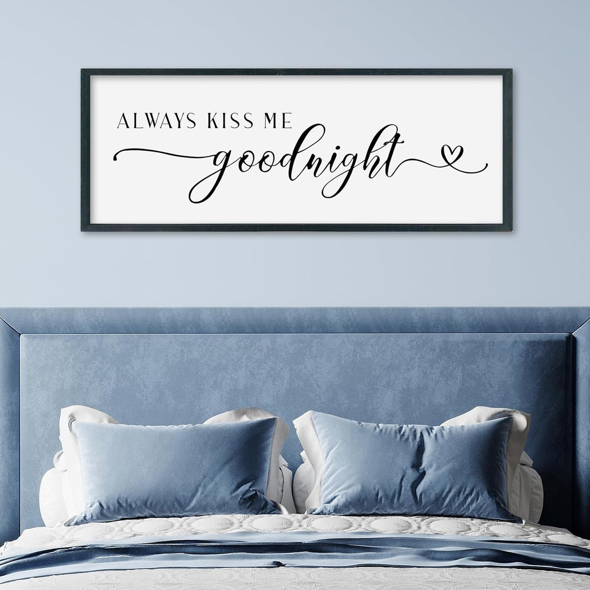 SRSZHIYUE Always Kiss Me Goodnight Sign Wall Decor Art for Master Bedroom Above Bed 32"×12" Large Wood Framed Wall Hanging (Black)