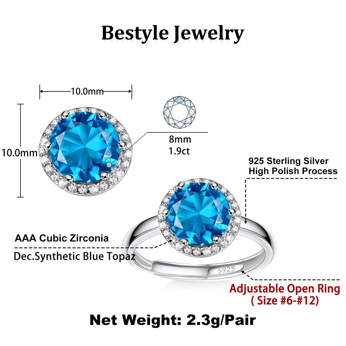 Bestyle CZ Round Diamond Rings 5mm December Blue Topaz Birthstone Solitaire Rings, 925 Sterling Silver Rings Jewelry Gift for Wedding Anniversary Birthday