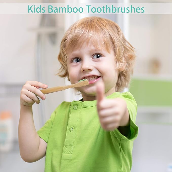 10 Piece Kids Bamboo Toothbrush Set - Natural Soft Bristle, Wooden, Toddler to Adult, Organic, BPA-Free, Colorful Travel Pack