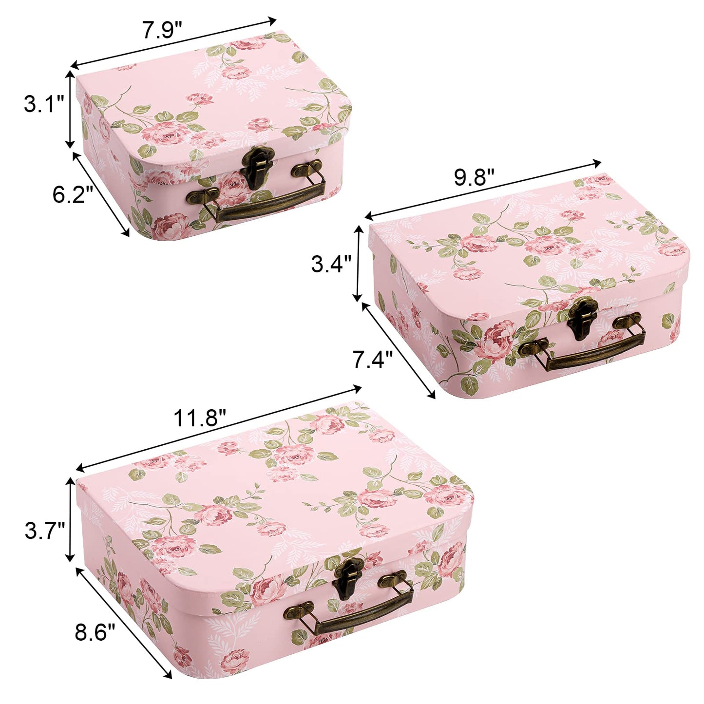 Fasmov 3 Pack Paperboard Suitcases Storage Box Decorative Storage Boxes Gift Boxes With Lids for Photo Storage Home Decoration, Wedding, Birthday, Anniversary, Pink