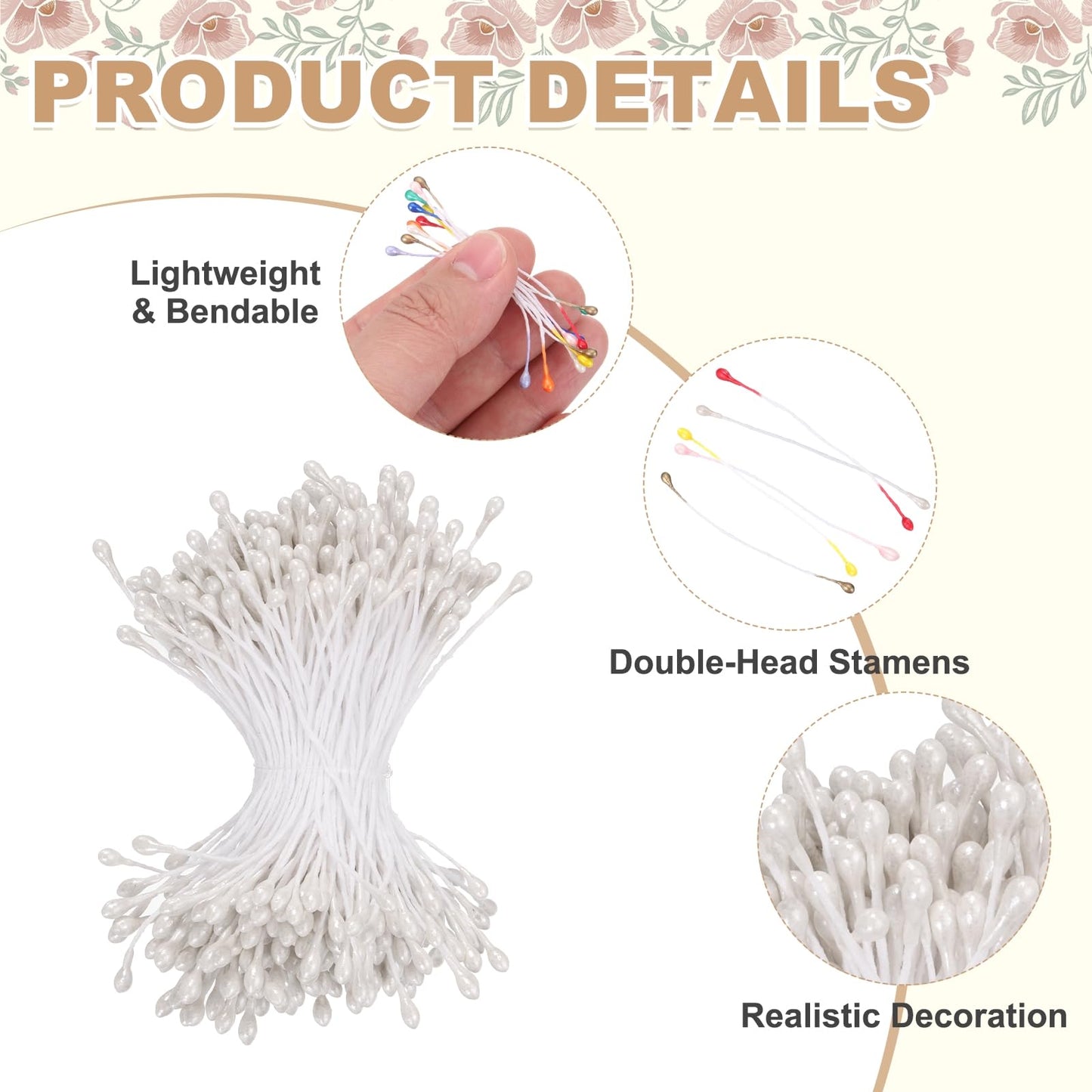 MECCANIXITY 3mm Double Head Flower Stamen 960 Pcs Bright Artificial Floral Stamens Pistil for Christmas Wedding Flowers Making Scrapbook Decoration DIY Crafts, White
