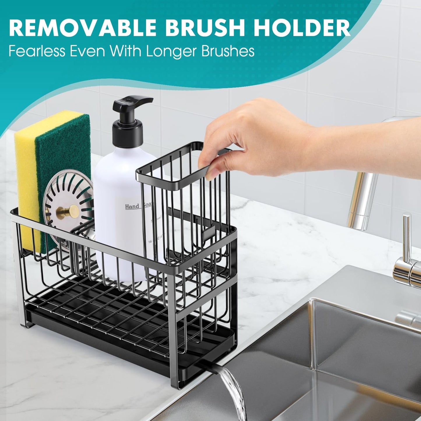 Sinnsally Kitchen Sponge Holder,Sink Caddy Organizer with High Brush Holder,Stainless Steel Sink Box Dish Scrubber Holder,Soap Tray for Kitchen Counter Accessories & Storage Rack(2 Tier - Black)