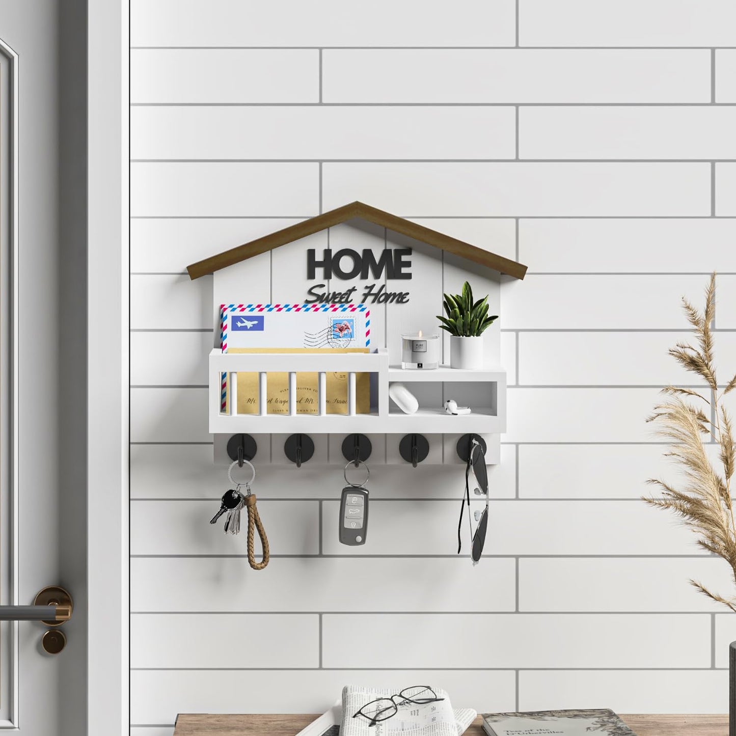 FERAHI Key and Mail Holder for Wall, Wall Key Holder with Shelf, Key Rack Wall Mount, Wood Key Holder Wall Mount White, Mail Organizer Wall Mounted, Entryway & Front Door Key Holder with 5 Hooks