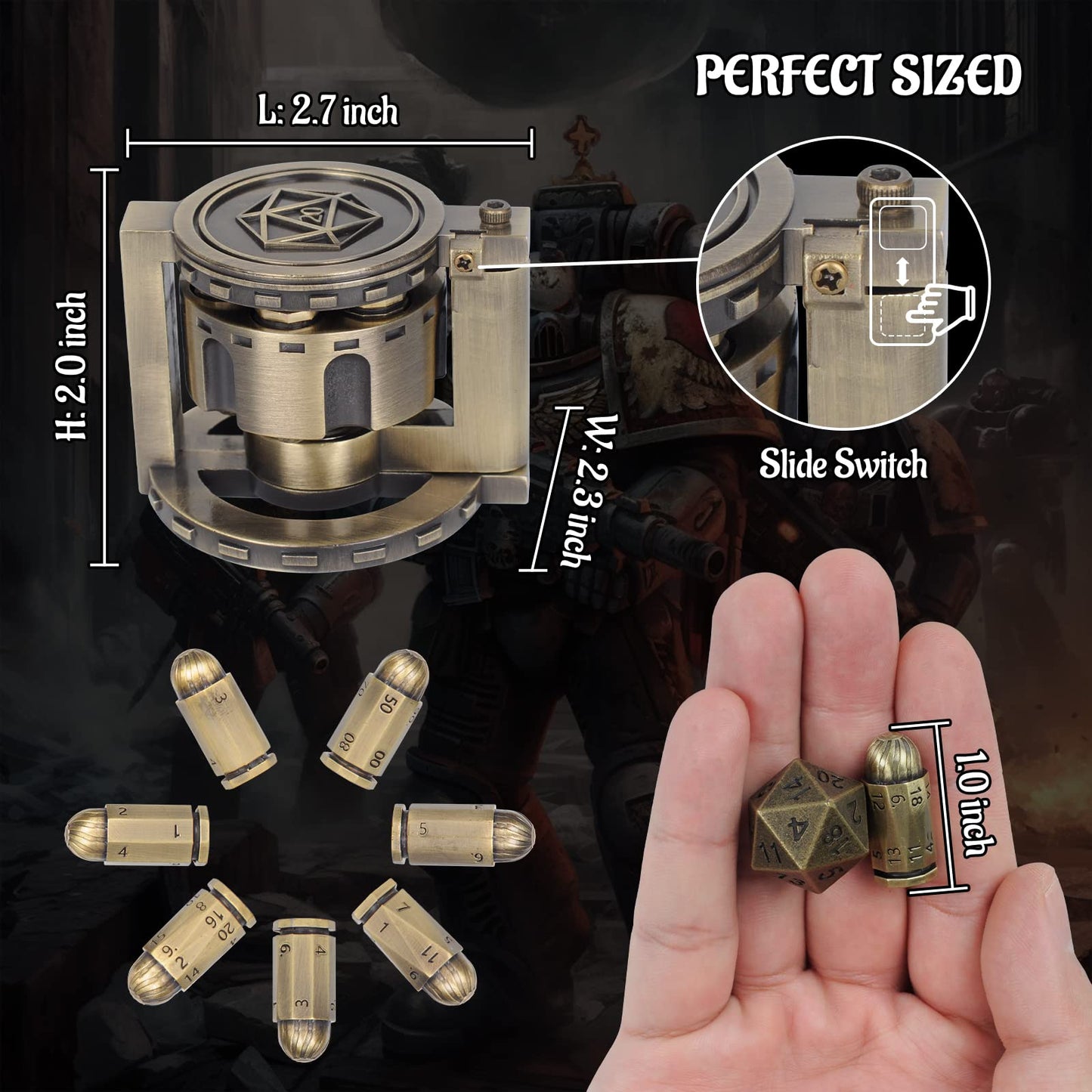 Metal Polyhedral Bullet Dice Set of 7 with Spinning Revolver Cylinder Container - Cyberpunk Style Dice for D&D, Sci-Fi, War, or Crime Theme Tabletop Games (Bronze)
