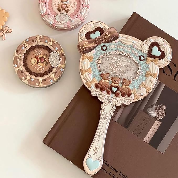 Flower Knows The Sweetie Bear Hand Mirror,Vintage Portable Handheld Mirror,Fancy & Pretty Princess Mirror with Long Handle,Gift for Girls(Minty Blue)