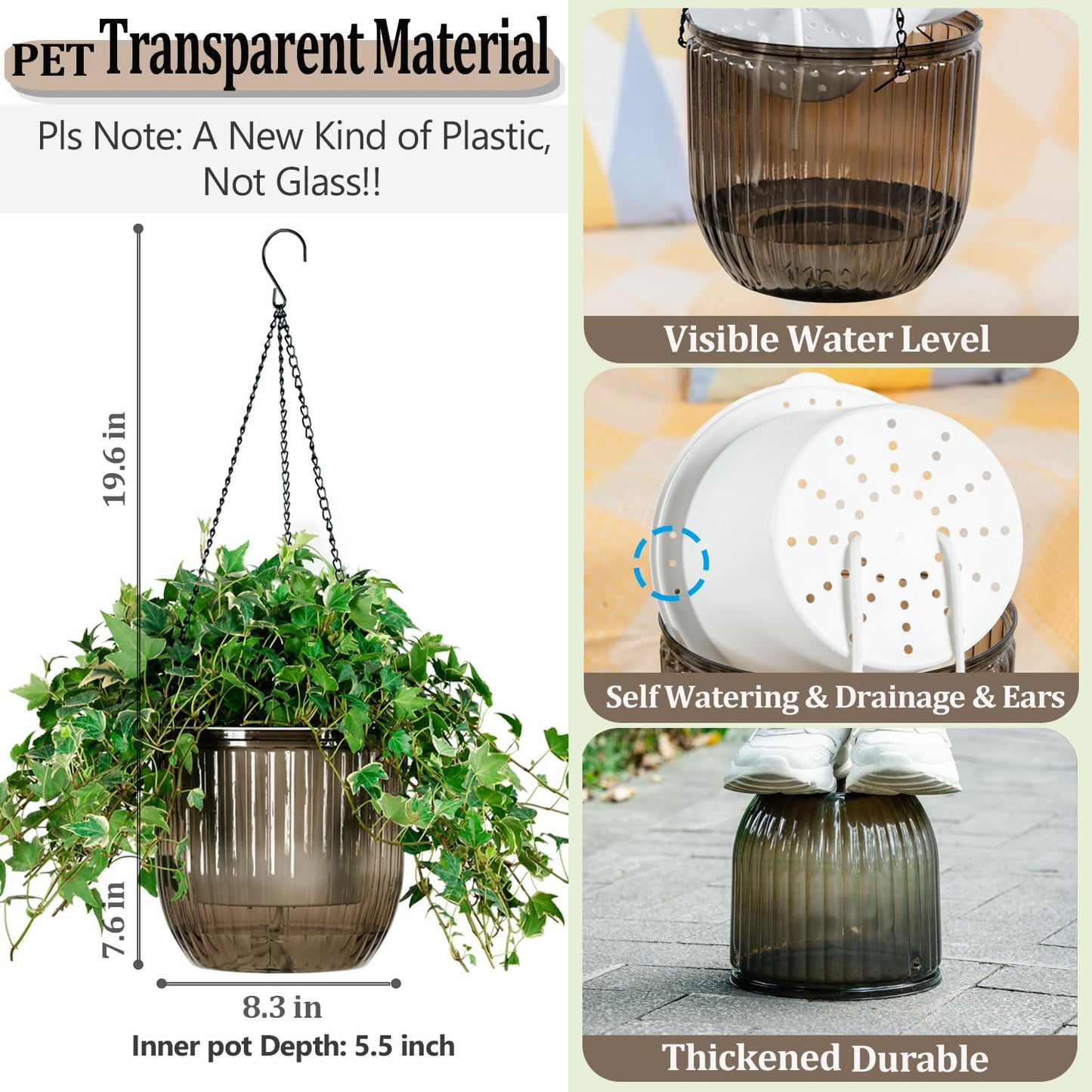 Melphoe 2Pack 6.5'' & 1Pack 8.3'' Self Watering Hanging Planters