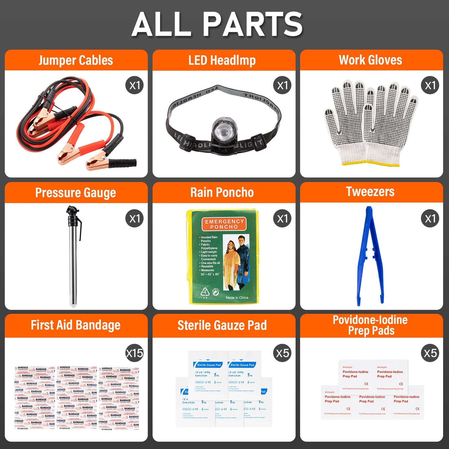 Emergency Car Tool Kit Roadside Assistance Tool Kit, Vehicle Safety Tool with Headlamp, Gloves and Jumper Cable Kit, Essential Car Accessories for Men, Women