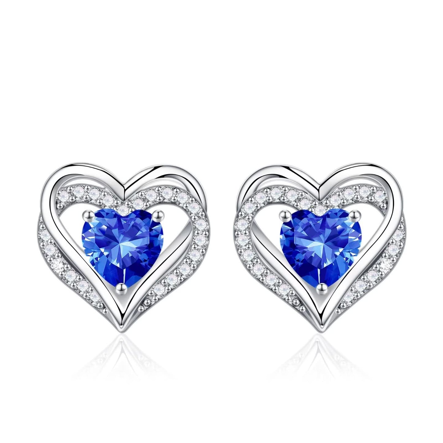 Iefil Earrings for Women, 925 Sterling Silver September Birthstone Blue Sapphire Heart Stud Earrings for Women