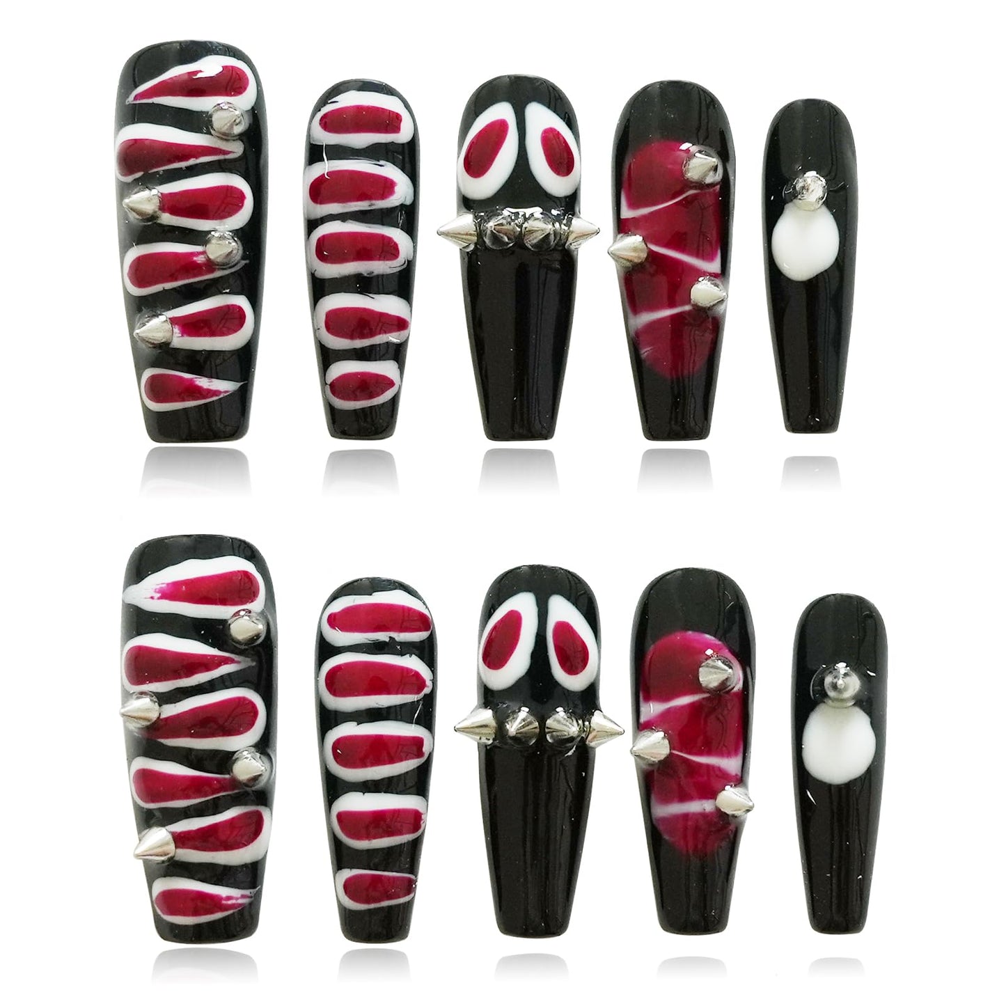Tesytto Snake Press on Nails Long Coffin Y2K Edgy Design - 3D Metal Studs Charms Punk Goth False Nails, Reusable False Nails for Halloween, Parties (Snake Skin,M)