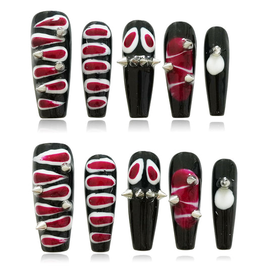 Tesytto Snake Press on Nails Long Coffin Y2K Edgy Design - 3D Metal Studs Charms Punk Goth False Nails, Reusable False Nails for Halloween, Parties (Snake Skin,M)