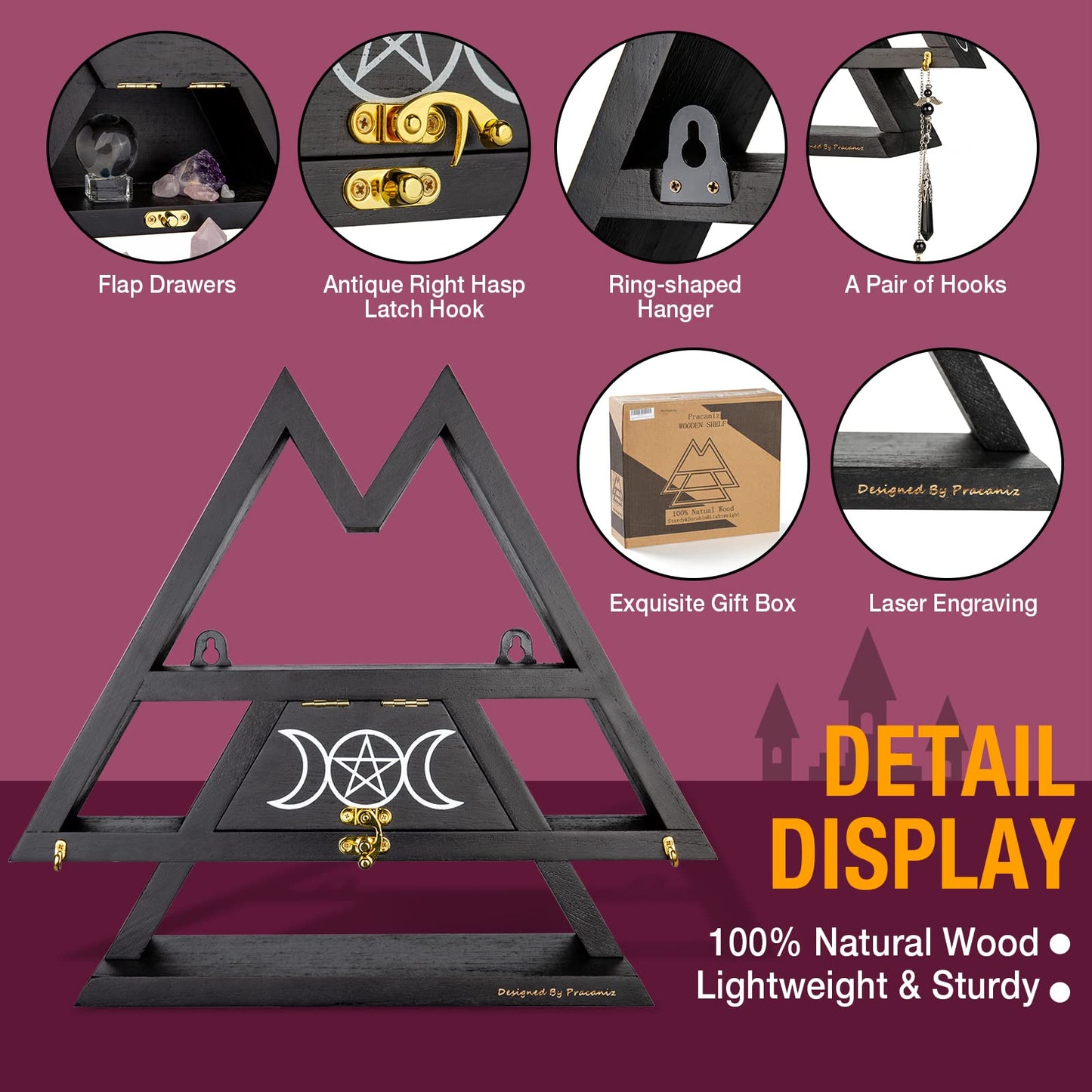 Pracaniz Crystal Shelf with Flap Drawer&Hooks for Wall&Desktop, Crystal Holder as Witchy Room Decor,Moon Phase Triangle Shelf,Witchy Decor&Moon Decor for Bedroom.