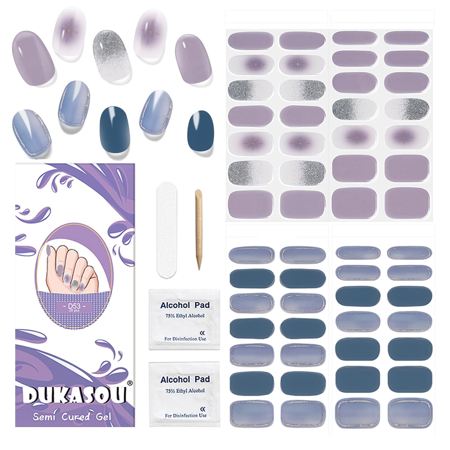 DUKASOU Semi Cured Gel Nail Strips, 56Pcs Nail Art Stickers/Wraps, Long Lasting UV Nail Polish Strips for Adults(Purple Silver Glitter+Light Blue)