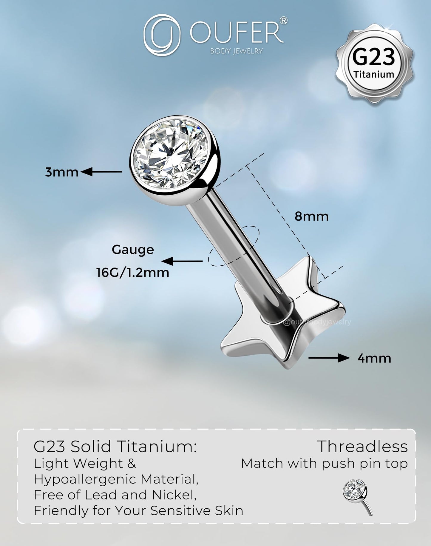 OUFER 2Pcs Tragus Piercing Jewelry, 16G G23 Solid Titanium Threadless Stud Earrings Flat Back Star Shaped 3MM CZ Silver Helix Cartilage Conch Tragus Earrings for Women Men-8MM