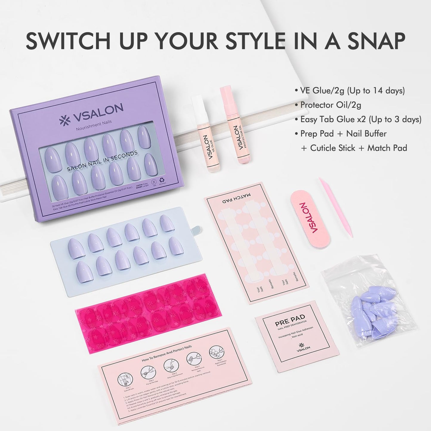 VSALON Press on Nails Short Almond - Pastel Blue Spring Summer Fake Nails Kit for Women, Opaque Reusable Salon Quality Gel Nails with Glue & Cuticle Oil - 32 PCS Stick On Nails in 16 Sizes
